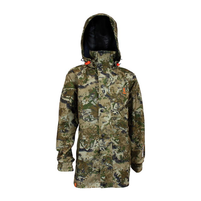 Spika Valley kids' waterproof hooded hunting jacket in Biarri Camo, front view