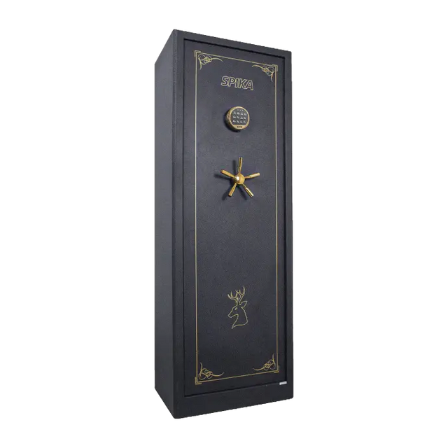 Spika S3D large premium digital 12-gun safe with keypad, brass handle and gold pinstripe