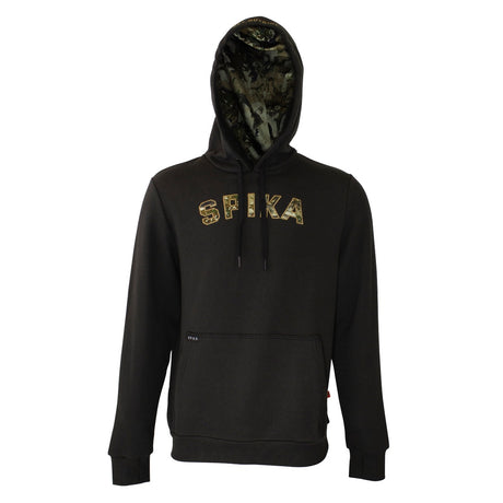 Spika GO Advance men's hoodie in black, front view with camo SPIKA chest logo and camo-lined hood