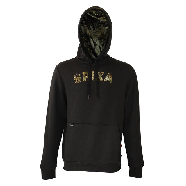 Spika GO Advance men's hoodie in black, front view with camo SPIKA chest logo and camo-lined hood