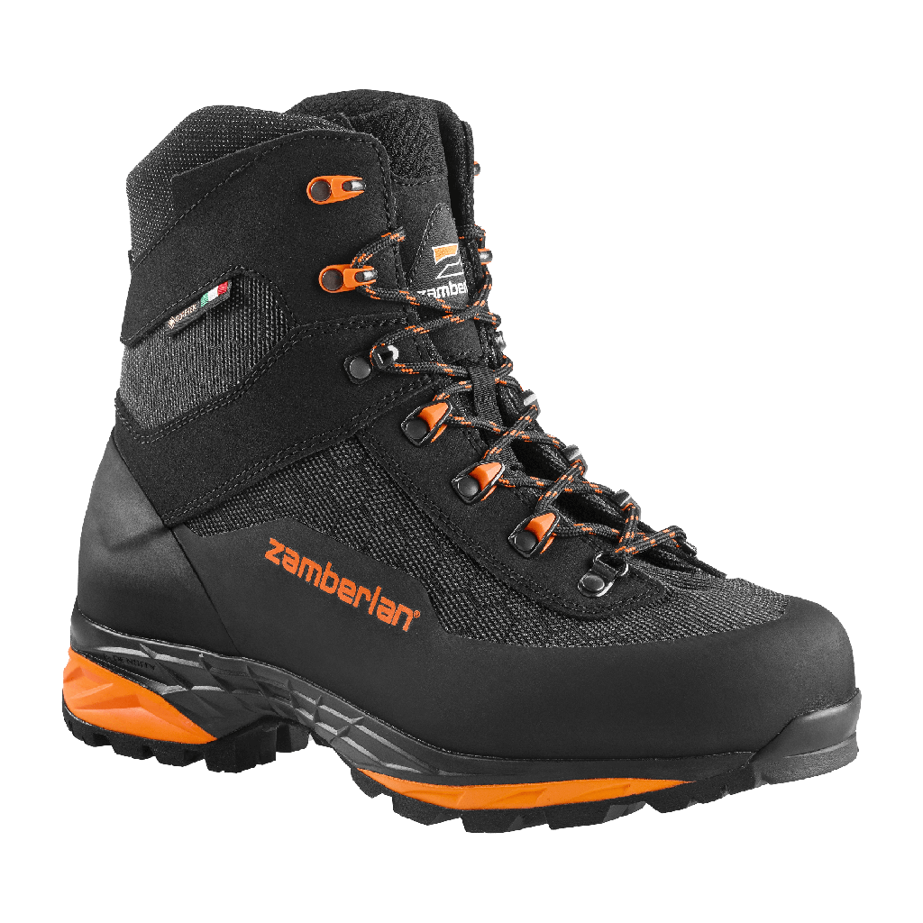 Zamberlan 3034 Seiland GTX RR men's hiking boot in black and orange, three-quarter front view