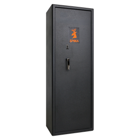Spika S3W 12-gun combination safe for WA Level 2, black with orange logo, three-quarter view