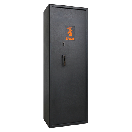 Spika S3W 12-gun combination safe for WA Level 2, black with orange logo, three-quarter view