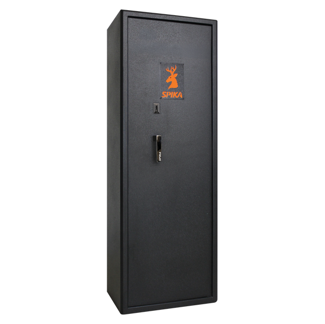 Spika S3W 12-gun combination safe for WA Level 2, black with orange logo, three-quarter view