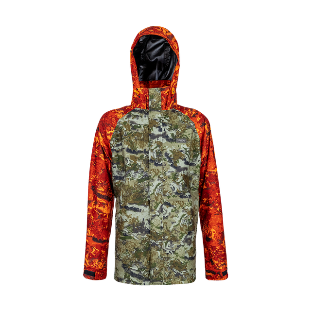 Spika Valley men's hunting jacket in Biarri Camo with Blaze sleeves and hood, front view