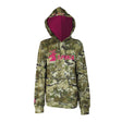 Spika GO Classic women's hoodie in Biarri Camo, front view with pink hood lining and pink SPIKA logo