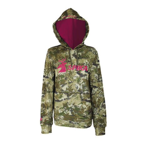 Spika GO Classic women's hoodie in Biarri Camo, front view with pink hood lining and pink SPIKA logo