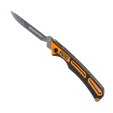 Spika Command folding scalpel opened, replaceable scalpel blade with orange and black handle