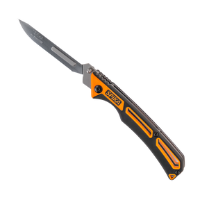 Spika Command folding scalpel opened, replaceable scalpel blade with orange and black handle