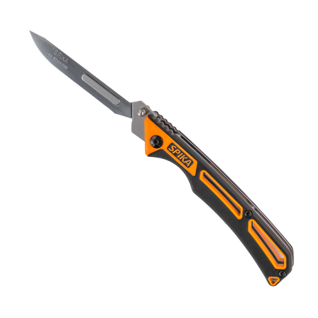 Spika Command folding scalpel opened, replaceable scalpel blade with orange and black handle