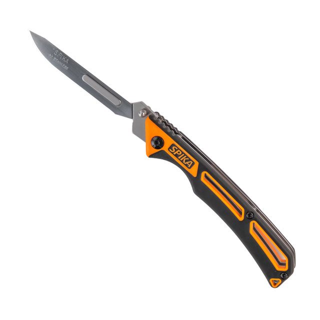 Spika Command folding scalpel opened, replaceable scalpel blade with orange and black handle