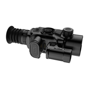 ThermTec Vidar-LRF 335L 2.0 thermal compact scope, three-quarter view of battery pack and rangefinder
