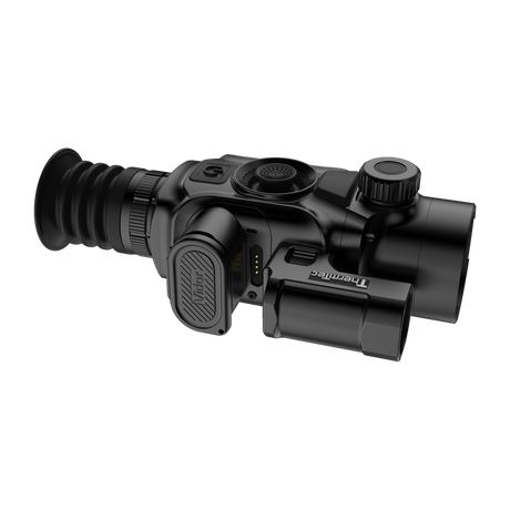 ThermTec Vidar-LRF 335L 2.0 thermal compact scope, three-quarter view of battery pack and rangefinder