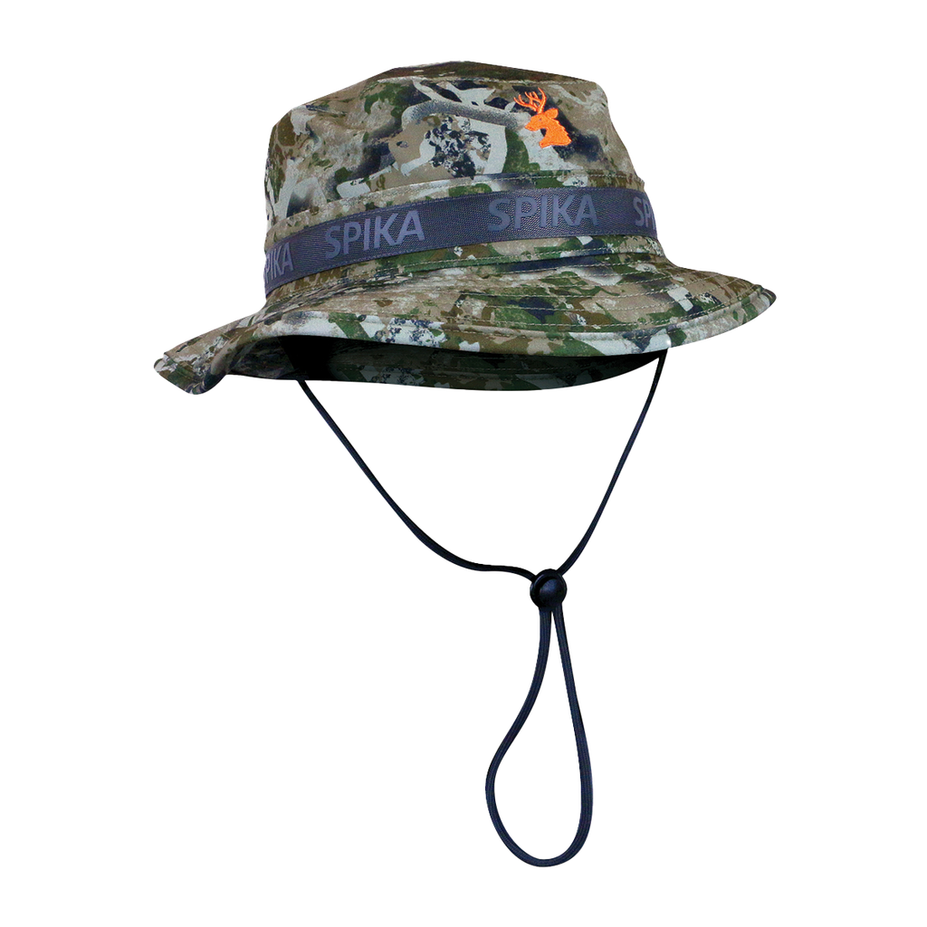 Spika Guide adult bucket hat in Biarri Camo with SPIKA branded band and adjustable chin cord