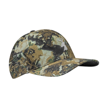Spika Ranger adult Flexfit cap in Biarri Camo, three-quarter view with white deer head logo