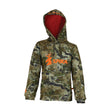 Spika GO Classic boys' hoodie in Biarri Camo, front view with red hood lining and orange SPIKA logo