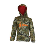 Spika GO Classic boys' hoodie in Biarri Camo, front view with red hood lining and orange SPIKA logo