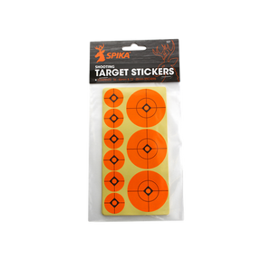 Spika 2 inch and 1 inch adhesive shooting target stickers in fluoro orange, packaged
