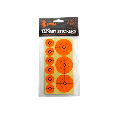 Spika 2 inch and 1 inch adhesive shooting target stickers in fluoro orange, packaged