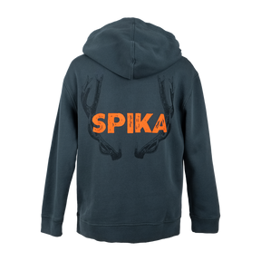 Spika Red Stag men's hoodie in Washed Pine, back view with orange Spika logo and antler print