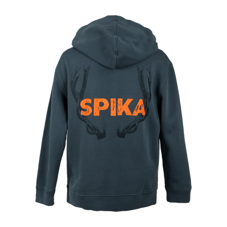 Spika Red Stag men's hoodie in Washed Pine, back view with orange Spika logo and antler print
