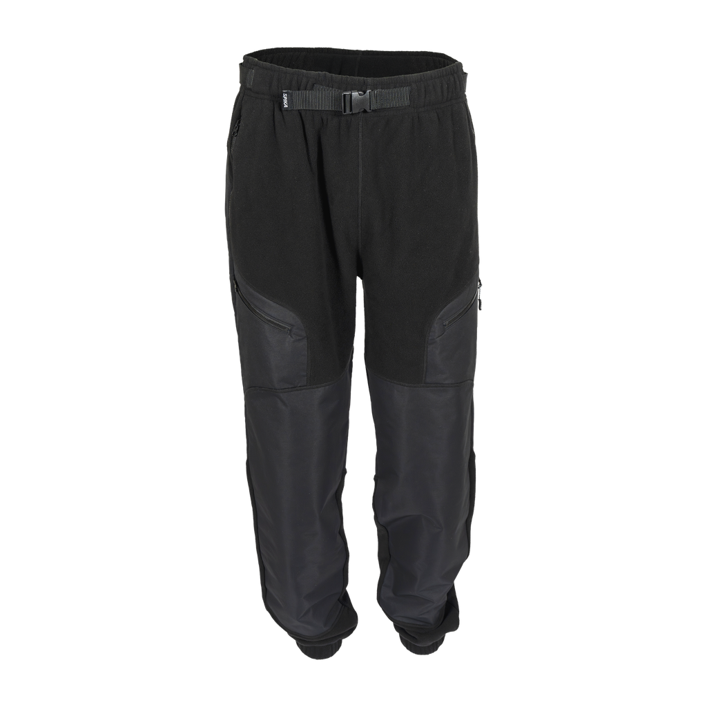 Spika Paperbark men's hybrid fleece pants in Black, front view with webbing belt and buckle