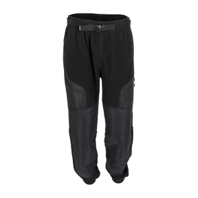 Spika Paperbark men's hybrid fleece pants in Black, front view with webbing belt and buckle