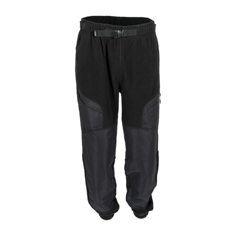 Spika Paperbark men's hybrid fleece pants in Black, front view with webbing belt and buckle
