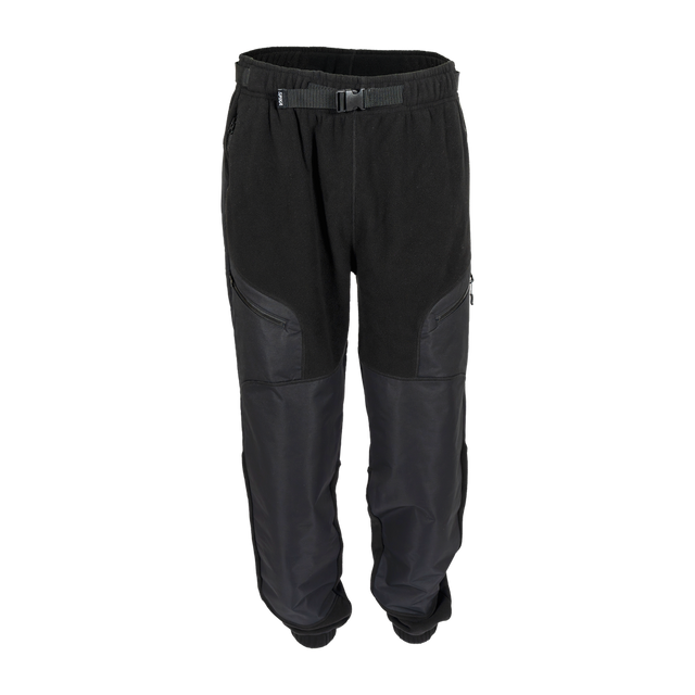 Spika Paperbark men's hybrid fleece pants in Black, front view with webbing belt and buckle