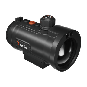 ThermTec Hunt Pro 635L thermal clip-on, front three-quarter view of objective lens and ThermTec logo