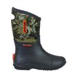 Spika Bruzer kids gumboot in Biarri Camo and Charcoal with neoprene upper and orange Spika logo