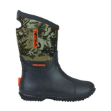 Spika Bruzer kids gumboot in Biarri Camo and Charcoal with neoprene upper and orange Spika logo