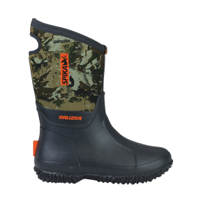 Spika Bruzer kids gumboot in Biarri Camo and Charcoal with neoprene upper and orange Spika logo