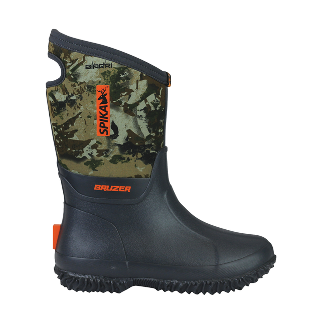 Spika Bruzer kids gumboot in Biarri Camo and Charcoal with neoprene upper and orange Spika logo