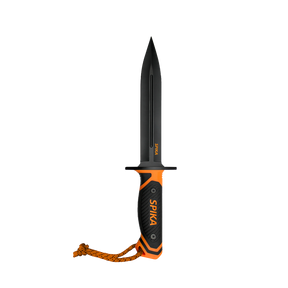 Spika Command pig sticker dagger with black double-edged blade, orange guard and lanyard