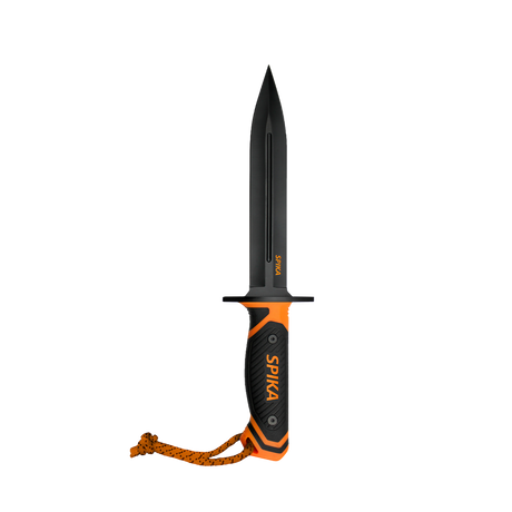 Spika Command pig sticker dagger with black double-edged blade, orange guard and lanyard