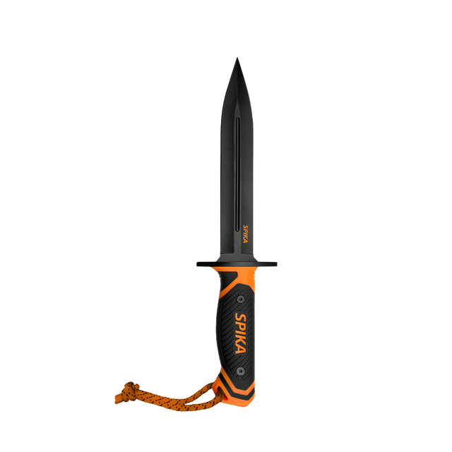 Spika Command pig sticker dagger with black double-edged blade, orange guard and lanyard