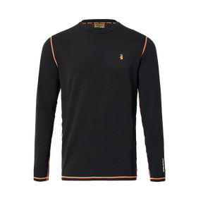Spika ThermaFlow men's thermal base layer top in Black, front view with orange seams and stag logo