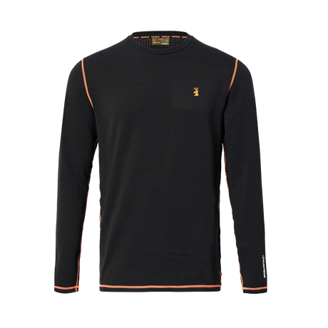 Spika ThermaFlow men's thermal base layer top in Black, front view with orange seams and stag logo