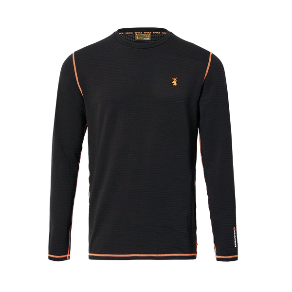 Spika ThermaFlow men's thermal base layer top in Black, front view with orange seams and stag logo