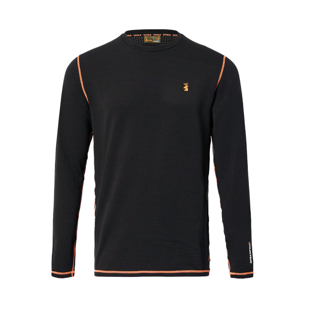 Spika ThermaFlow men's thermal base layer top in Black, front view with orange seams and stag logo