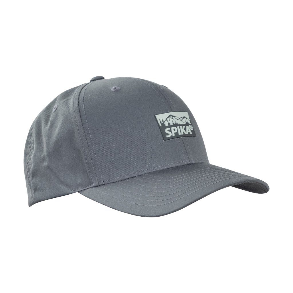 Spika GO Advance recycled Flexfit cap in Charcoal, three-quarter view with mountain logo patch