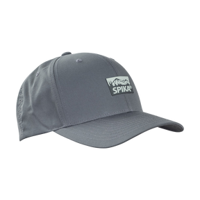 Spika GO Advance recycled Flexfit cap in Charcoal, three-quarter view with mountain logo patch