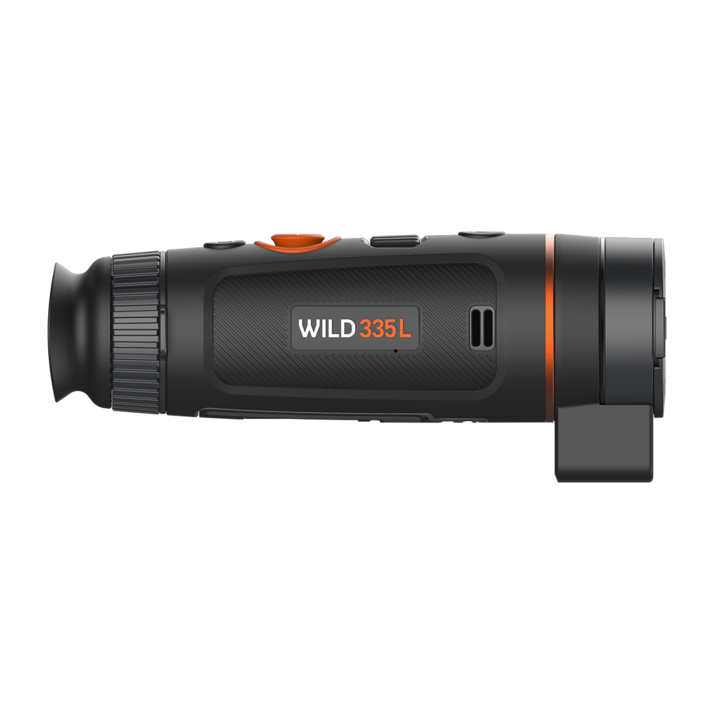 ThermTec Wild 335L thermal monocular, side profile with Wild 335L badge and rangefinder underneath