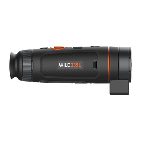 ThermTec Wild 335L thermal monocular, side profile with Wild 335L badge and rangefinder underneath