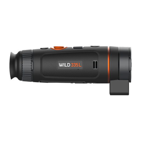 ThermTec Wild 335L thermal monocular, side profile with Wild 335L badge and rangefinder underneath