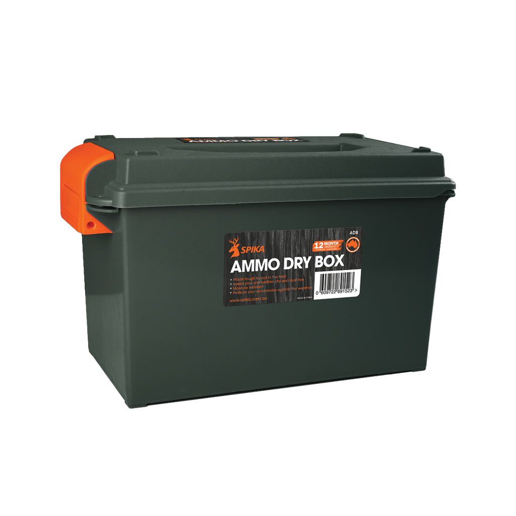 Spika ammo dry box in green with orange latch and Spika label