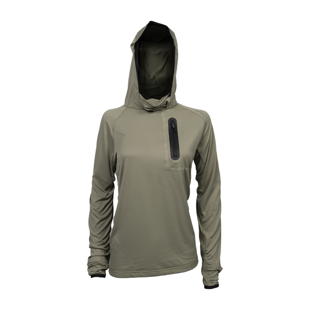 Spika Bandit women's hoodie in Moss Green with face mask hood and black zip chest pocket, front view