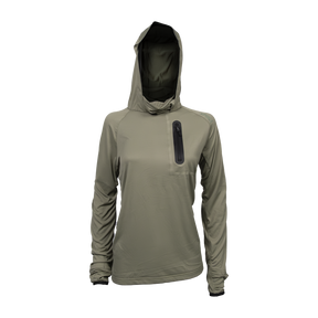 Spika Bandit women's hoodie in Moss Green with face mask hood and black zip chest pocket, front view