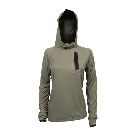 Spika Bandit women's hoodie in Moss Green with face mask hood and black zip chest pocket, front view